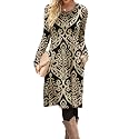 DB MOON Women Casual Long Sleeve Dresses Empire Waist Knee Length Loose Dress with Pockets