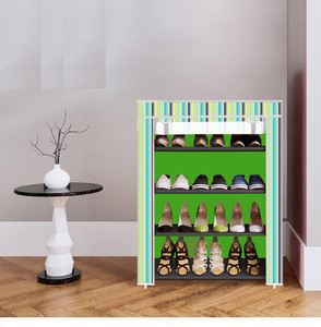 dbeautify 4 shelf foldable collapsible shoerack metal plastic shoe stand 4-green strips 4 shelves diydo-it-yourself