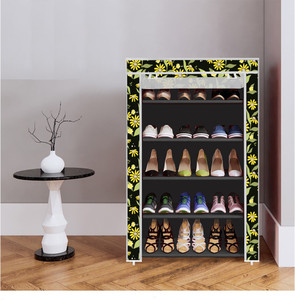 dbeautify 5 shelf foldable collapsible shoerack metal plastic shoe stand 26_black daisy floral 5 shelves diydo-it-yourself