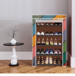 dbeautify 5 shelf foldable collapsible shoerack plastic collapsible shoe stand 16_colorful wood print 5 shelves diydo-it-yourself