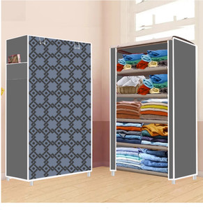 dbeautify 5 shelf foldable collapsible wardrobe storage organizer almirah cloth rack carbon steel collapsible wardrobe finish color - grey-1 diydo-it-yourself