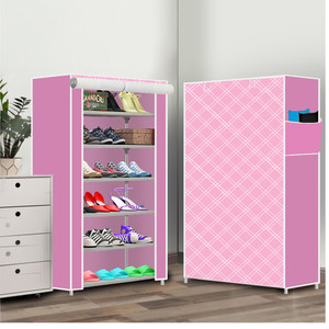 dbeautify 6 shelf foldable collapsible shoerack metal plastic shoe stand 28  pink diagonal 6 shelves diydo-it-yourself