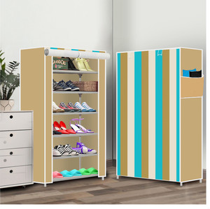 dbeautify 6 shelf foldable collapsible shoerack plastic collapsible shoe stand 17beige strip printed 6 shelves diydo-it-yourself