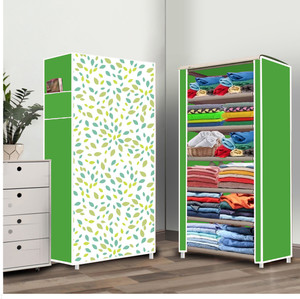 dbeautify 6 shelf foldable collapsible wardrobe storage organizer almirah cloth rack carbon steel collapsible wardrobe finish color - leaf print green 25 diydo-it-yourself