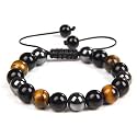 Dczosily Triple Protection Bracelet Natural Tiger's Eye Hematite Agate Stone Bracelet for Men Women Crystal Jewelry Healing Bracelets Bring Luck