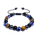 Dczosily Triple Protection Bracelet Natural Tiger's Eye Hematite Agate Stone Bracelet for Men Women Crystal Jewelry Healing Bracelets Bring Luck