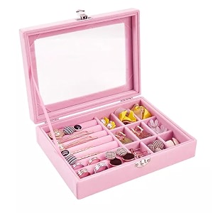 jewelry organizer with glass lid  9 grids jewelry box for women  jewelry sorage case for earring necklace ring watch pink pack of 1 single layer jewellery box