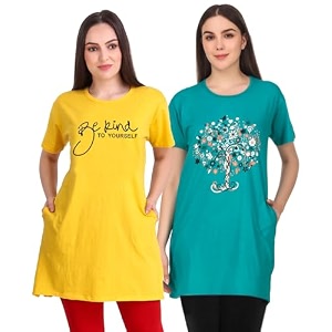 women39s cotton printed  round neck  loose fit  half sleeve  long t-shirt pack of 2 tshirts