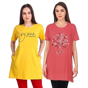 women39s cotton printed  round neck  loose fit  half sleeve  long t-shirt pack of 2 tshirts