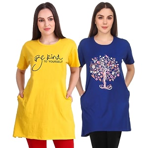 women39s cotton printed  round neck  loose fit  half sleeve  long t-shirt pack of 2 tshirts