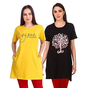 women39s cotton printed  round neck  loose fit  half sleeve  long t-shirt pack of 2 tshirts