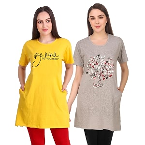 women39s cotton printed  round neck  loose fit  half sleeve  long t-shirt pack of 2 tshirts