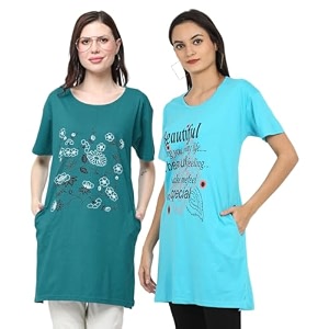 women39s cotton printed  round neck  loose fit  half sleeve  long t-shirt pack of 2 tshirts