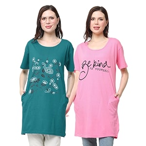 women39s cotton printed  round neck  loose fit  half sleeve  long t-shirt pack of 2 tshirts