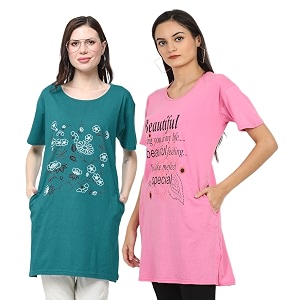 women39s cotton printed  round neck  loose fit  half sleeve  long t-shirt pack of 2 tshirts