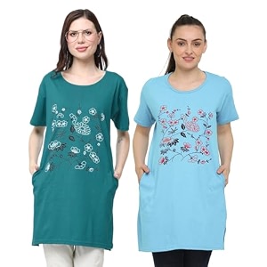 women39s cotton printed  round neck  loose fit  half sleeve  long t-shirt pack of 2 tshirts