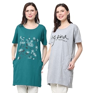 women39s cotton printed  round neck  loose fit  half sleeve  long t-shirt pack of 2 tshirts