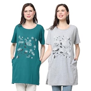 women39s cotton printed  round neck  loose fit  half sleeve  long t-shirt pack of 2 tshirts