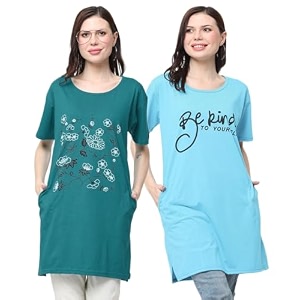 women39s cotton printed  round neck  loose fit  half sleeve  long t-shirt pack of 2 tshirts
