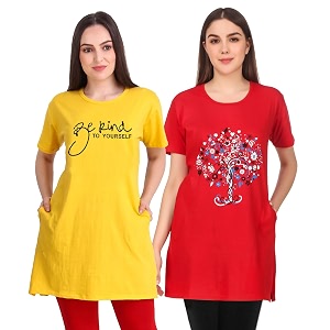 women39s cotton printed  round neck  loose fit  half sleeve  long t-shirt pack of 2 tshirts