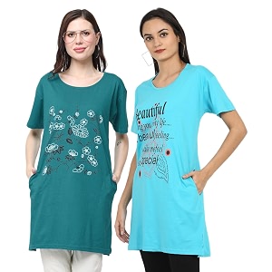 women39s cotton printed  round neck  loose fit  half sleeve  long t-shirt pack of 2 tshirts