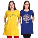 Women's Cotton Printed | Round Neck | Loose Fit | Half Sleeve | Long T-Shirt (Pack of 2 Tshirts)