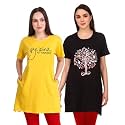 Women's Cotton Printed | Round Neck | Loose Fit | Half Sleeve | Long T-Shirt (Pack of 2 Tshirts)