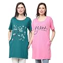 Women's Cotton Printed | Round Neck | Loose Fit | Half Sleeve | Long T-Shirt (Pack of 2 Tshirts)