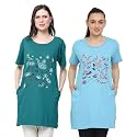 Women's Cotton Printed | Round Neck | Loose Fit | Half Sleeve | Long T-Shirt (Pack of 2 Tshirts)
