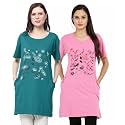 Women's Cotton Printed | Round Neck | Loose Fit | Half Sleeve | Long T-Shirt (Pack of 2 Tshirts)