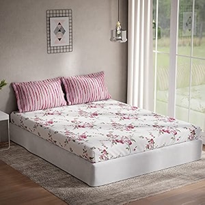ddecor - floral cotton 136 tc double bed sheet with 2 pillow covers - pink