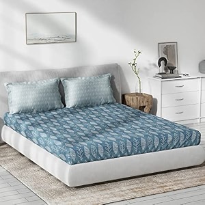 ddecor - foliage 100 cotton double bedsheet with 2 pillow covers blue