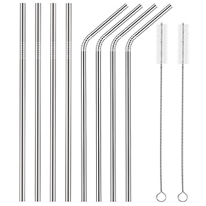 ddecora reusable bpa-free metal thick long dishwasher safe stainless steel drinking straws 85 inches 4 bent  4 straight 2 brush