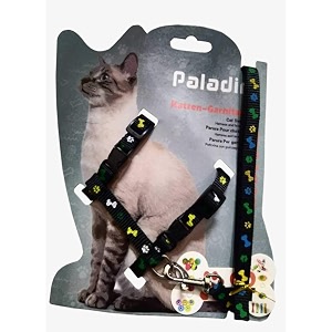 cat harness adjustable harness nylon strap collar with leash cat leash and harness set for cat and small pet walking small cat and pet nylon fancy pattern harness leash black print