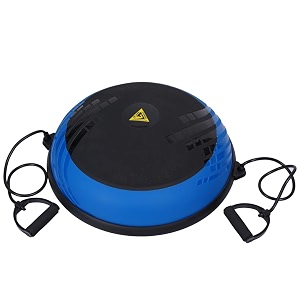 de jure fitness 60cm half balance ball  inflatable yoga bosu ball for home gym workouts  includes 2 resistance bands amp foot pump  core trainer for strength stability amp balance - anti-slip design - blue amp black