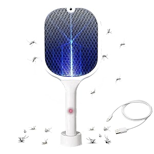 mosquito killer racket rechargeable handheld electric fly swatter insect killer racket bat with uv light lamp racket usb charging base electric insect killer white
