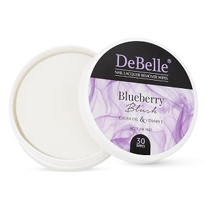 debelle nail polish remover wipes - blueberry blush acetone free enriched with jojoba oil olive oil ampvitamin e30 pads