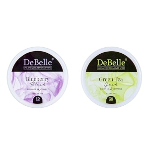 debelle nail polish remover wipes combo of 2 - blueberry blush amp green tea gush acetone free enriched with jojoba oil olive oil ampvitamin e30 pads