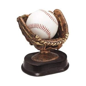 decade awards baseball glove ball holder trophy bronze - game ball holder award - 5 inch tall - customize now