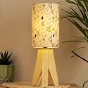 Decazone Elegant Design Small Boho Table Lamp 3 Legs Wood Base Rustic Bedside Table Desk Lamp with Rainbow Linen Shade