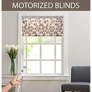 deco window automaticmotorized printed polyester corded semi-blackout roller blinds for windows door office home decor curtains with remote 4034 wide x 84 long geometric grey