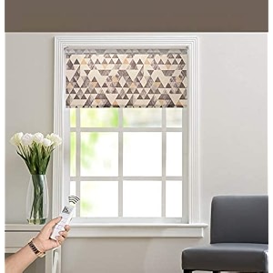 deco window automaticmotorized printed polyester corded semi-blackout roller blinds for windows door office home decor curtains with remote 4434 wide x 84 long geometric grey