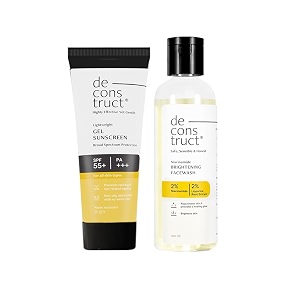 deconstruct radiance amp defense combo face wash for skin brightening amp gel sunscreen for sun protection  brightening face wash 100ml  gel sunscreen 50g  no white cast amp lightweight  pack of 2
