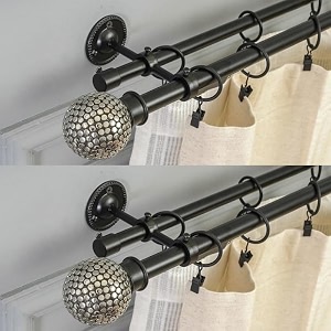 the decor mart 2 pack 2834-4834 adjustable double curtain rod for door amp windows with brackets set curtains hanging extendable iron metal pipe holder with silver stud ball finial black 07534 diameter