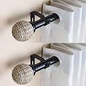 The Decor Mart 2 Pack 48"-88" Adjustable Curtain Rod for Door &amp; Windows with Brackets Set Curtains Hanging Extendable Iron Metal Pipe Holder with Wicker Weave Finial (Black, 0.75" Diameter) |