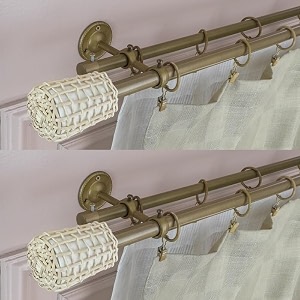 the decor mart 2 pack 8434-14434 adjustable double curtain rod for door amp windows with brackets set curtains hanging extendable iron metal white distressed cane wrap finial curtain rod beige 07534 