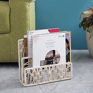 the decor mart handcrafted knotted macrame with metal wire frame magazine holder - stylish table decor for home enhancing organization and aesthetics effortlessly