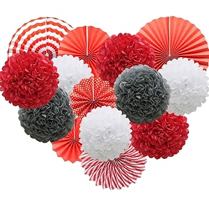 decor nation hanging party decorations set tissue paper fan paper pom poms flowers for wedding birthday bachelorette graduation party kit design-5red white black pack of 18