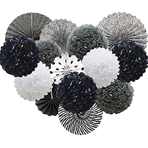decor nation hanging party decorations set tissue paper fan paper pom poms flowers for wedding birthday bachelorette graduation party kit design-3black white pack of 14