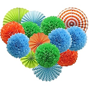 decor nation hanging party decorations set tissue paper fan paper pom poms flowers for wedding birthday bachelorette graduation party kit design-6blue green orange pack of 18